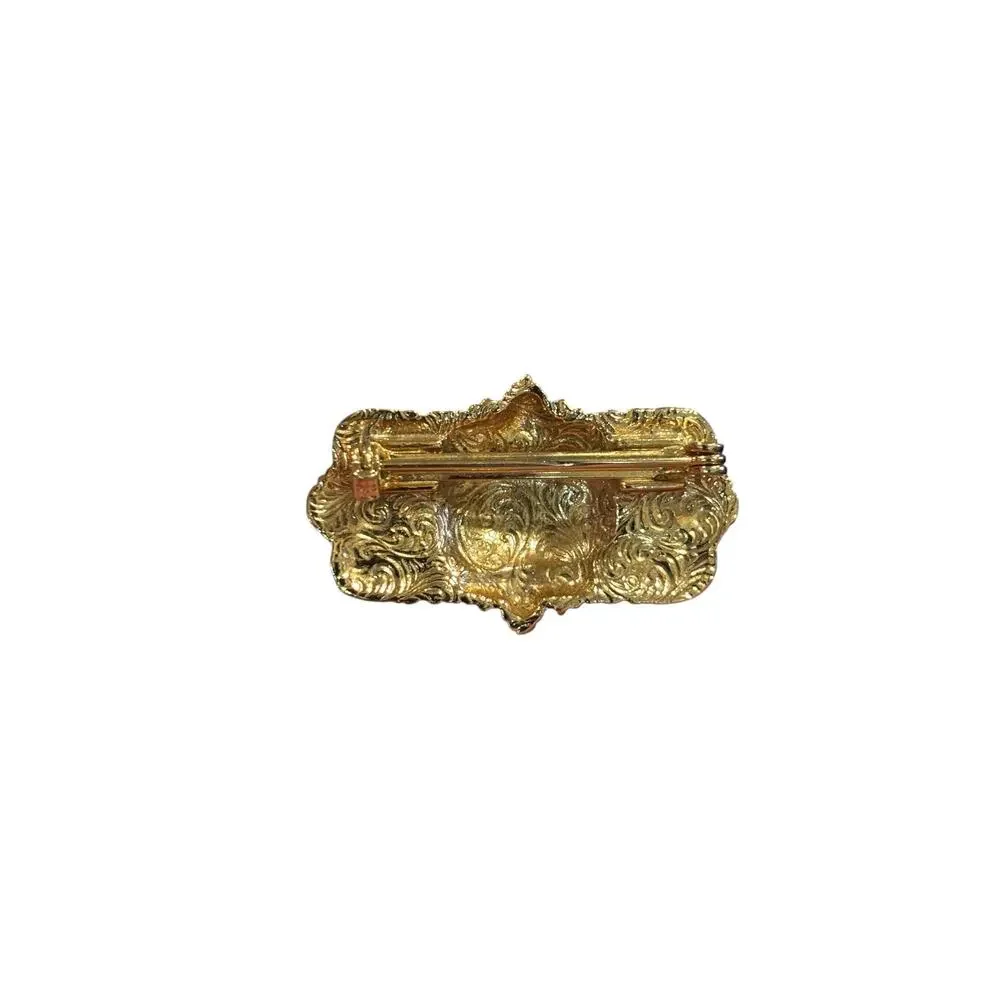 1928 Jewelry Art Deco Revival Brooch Teal Glass Ornate Gold Tone Statement Pin